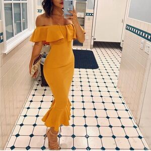 Fashion Nova Mustard One Shoulder Dress